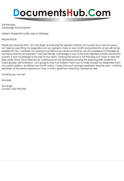 resignation letter due  marriage formatdocumentshubcom