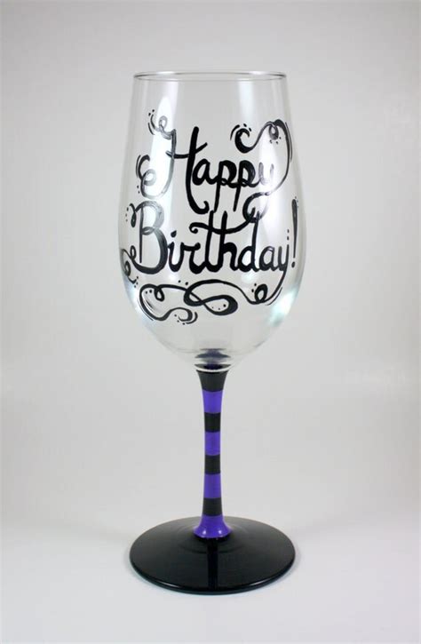 Happy Birthday Wine Glass Fun Fancy Hand Painted Made In