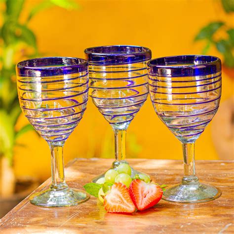 hand blown blue accent wine glasses set   mexico tall cobalt