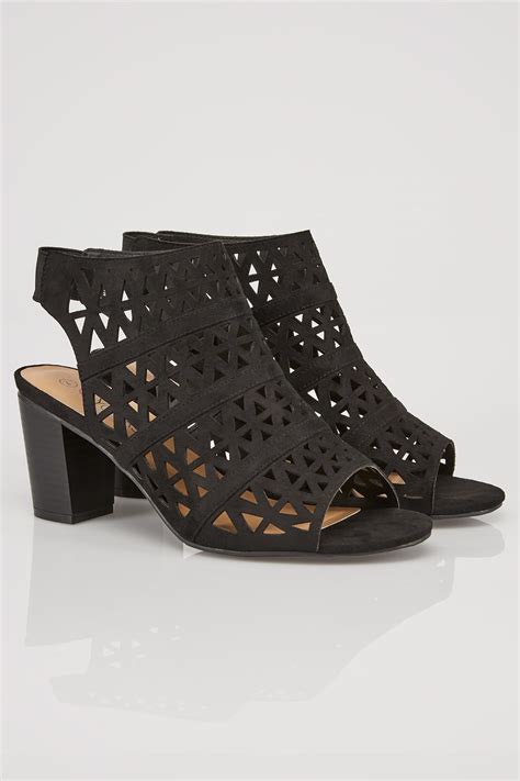 black laser cut sandals with block heel in true eee fit