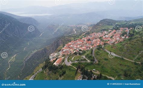aerial view  modern delphi town  archaeological site  ancient delphi stock photo