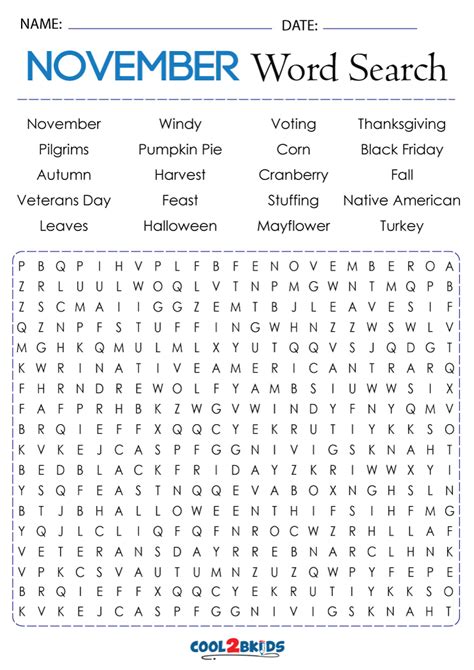 printable november word search coolbkids