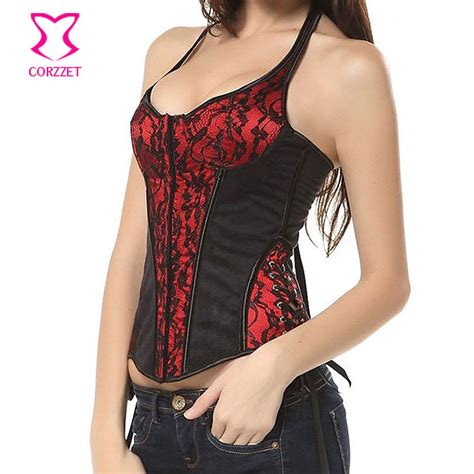 red black floral lace overlay halter neck sexy corsets and bustiers