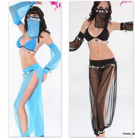 Sexy Fancy Dress Lingerie Arabian Belly Dancer Sheer Blue 5 Piece Size
