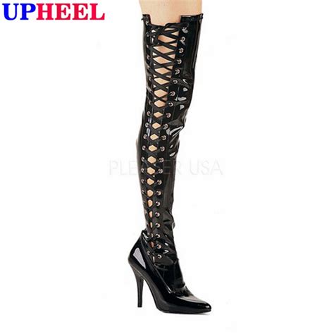 extreme high heel 12cm heel sex fetish lace up at side shoe thigh high