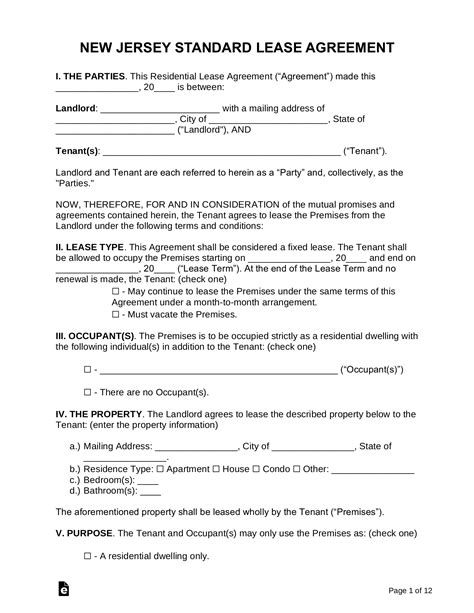 jersey standard residential lease agreement form  word