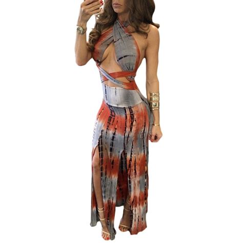 sexy backless halter dress summer style fashion tie dye printed maxi