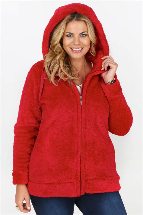 red fluffy fleece hoodie  zip fastening  drawcord  sizes