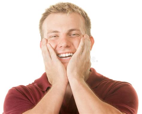 happy man  hands  face stock photo image  holding cute