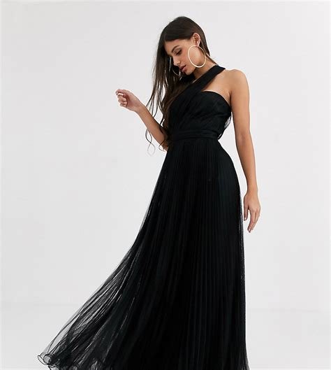 asos design tall lange jurk met een schouder tule en bandjes bij de zoom zwart tall fashion