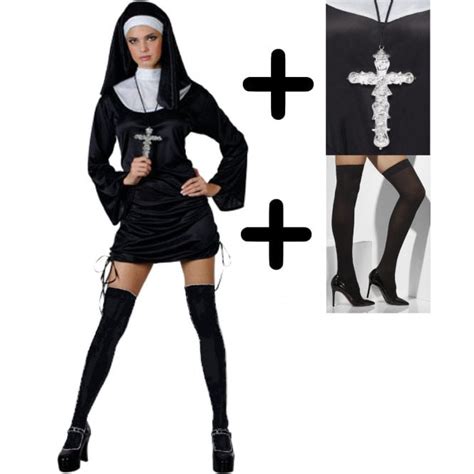 Naughty Nun Adult Costume Set Costume Cross Black Hold Ups