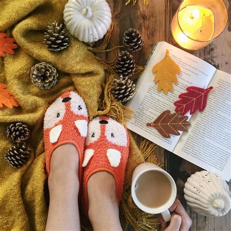 Cozy Fox Slippers Coffee Tea A Book Autumn Leaves And A Candle
