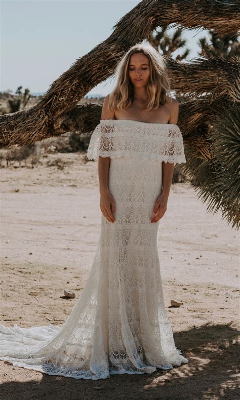 1970s inspired crochet lace off the shoulder wedding dress