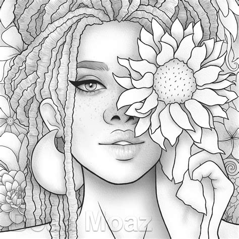 printable coloring page black girl floral portrait etsy israel