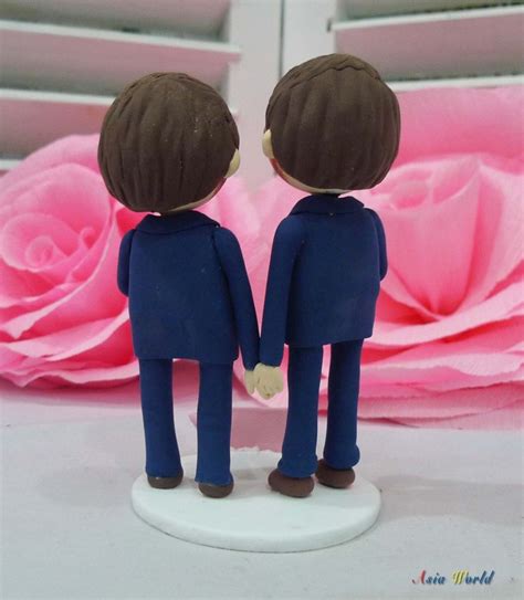 gay wedding cake topper clay doll in navy blue suit same
