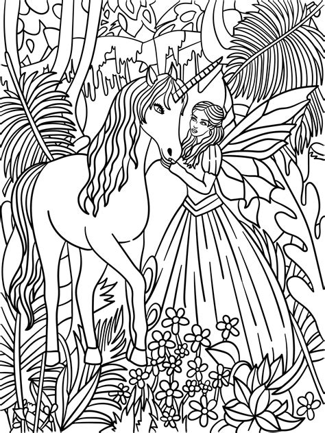 fairy petting unicorn coloring page  adults  vector art
