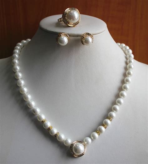 shipping womens pure white pearl necklace earring ringjewelry set  jewelry sets