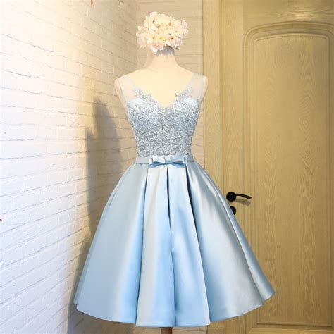 Cute Light Blue Short Homecoming Dresses 2017 Cheap V Neck Lace 8th