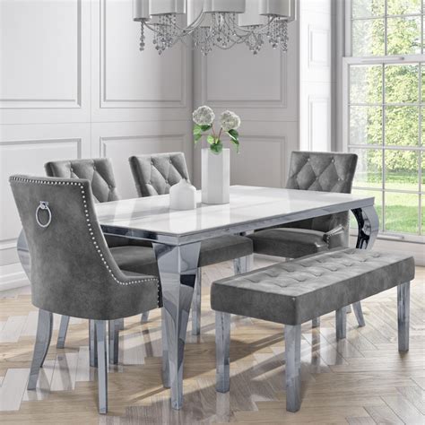 grey  white kitchen table  chairs grey cabinets grey tiles