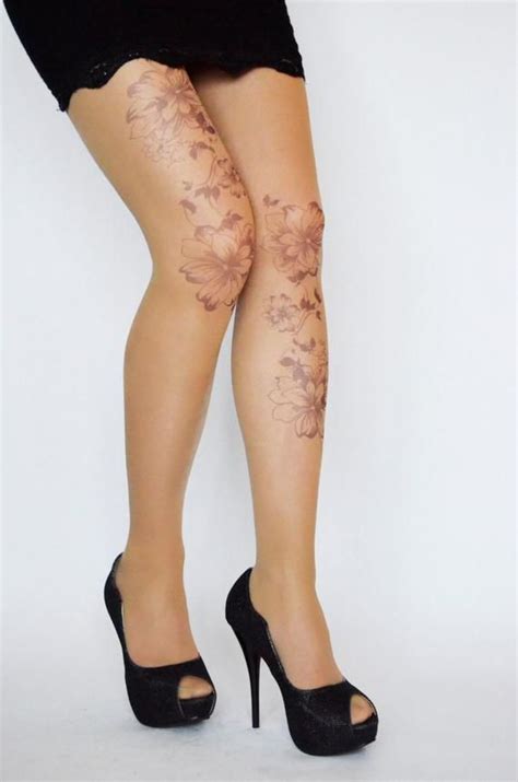 Tattoo Tights With Flowers Print Handprinted Womens Etsy Tattoo