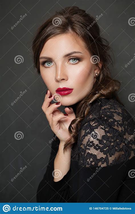 elegant woman portrait beautiful female face with red