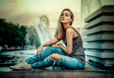 wallpaper women model blonde sitting torn jeans