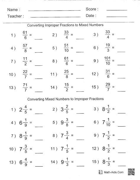 mixed numbers improper fractions worksheets answers worksheetocom