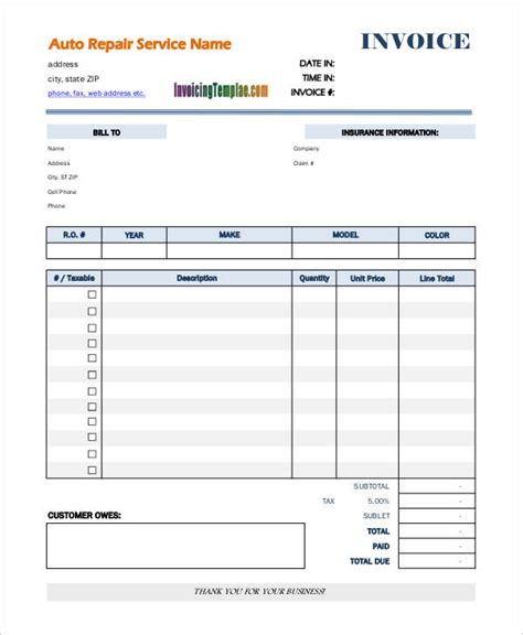downloadable  printable auto repair invoice template