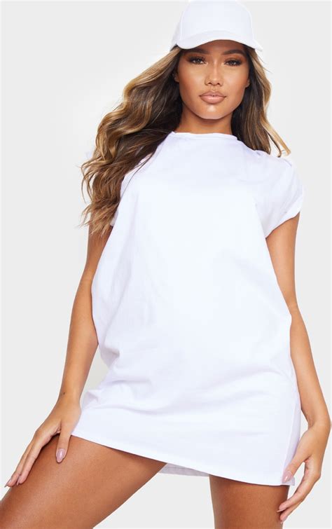 white oversized gathered sleeve t shirt dress prettylittlething aus
