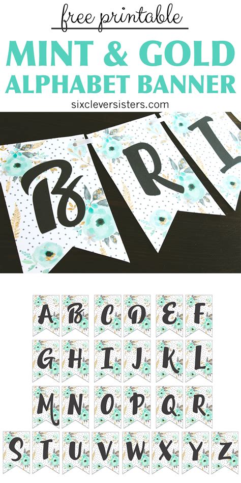printable alphabet banner mint gold  clever sisters