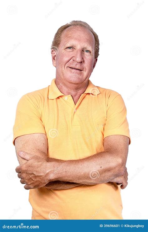 handsome old man with orange polo shirt hands crossed stock image