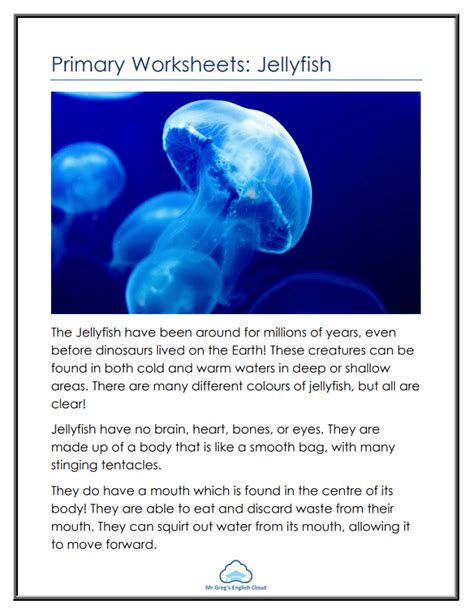 primary worksheets jellyfish  gregs english cloud