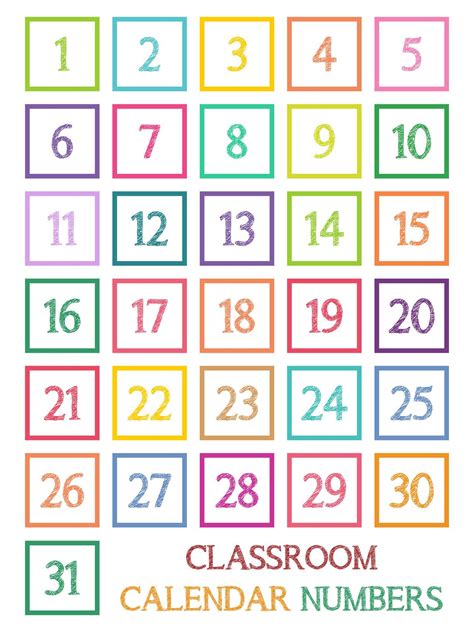 classroom calendar  numbers   colors