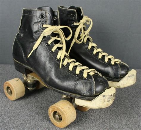 vintage chicago roller skates black leather wood wheels  etsy
