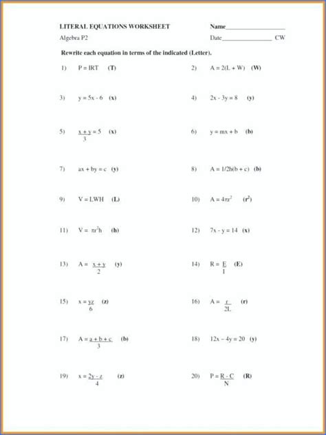 literal equations worksheet answers worksheet information