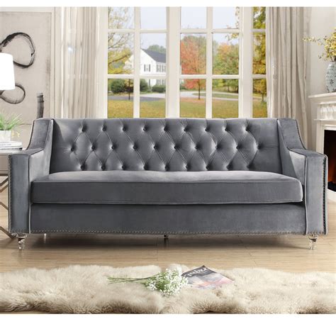 inspired home paula velvet sofa button tufted lucite acrylic legs