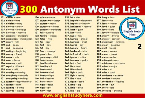 antonym words list english study