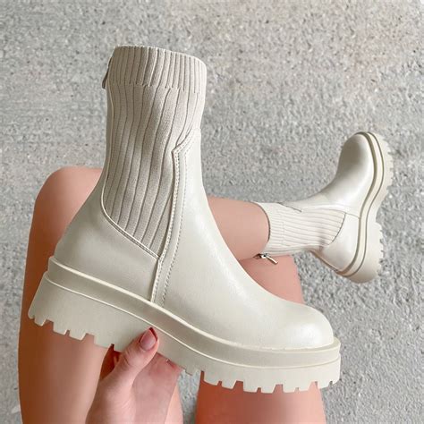 lottie cream knit insert chunky ankle boots simmi london