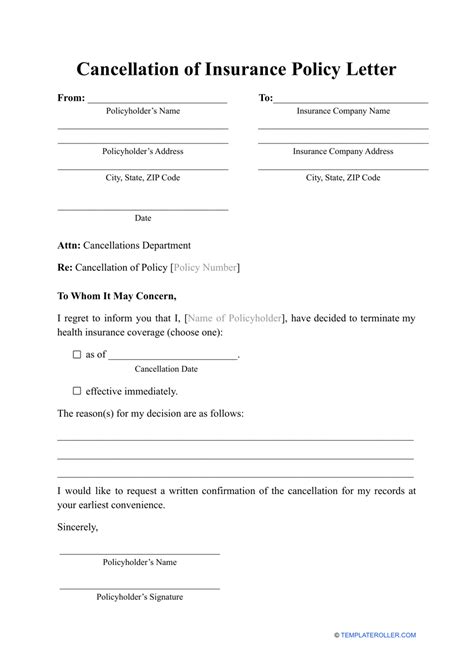 cancellation  insurance policy letter template  printable