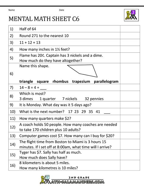 mental math worksheet  grade