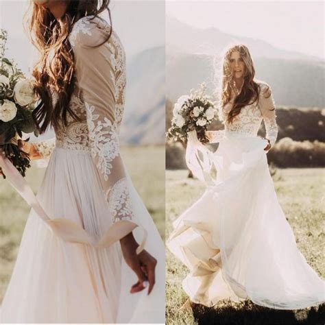 Simple Bohemian Beach Wedding Dresses Country Long Sleeves Bridal Gowns