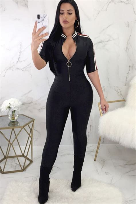 black stand collar zipper up striped sexy skinny jumpsuit