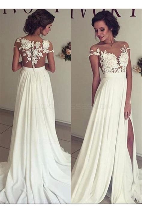 elegant illusion bodice lace chiffon wedding dresses bridal gowns 3030006