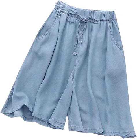 Pehmea Womens Wide Leg Elastic Waist Bermuda Shorts Loose Denim