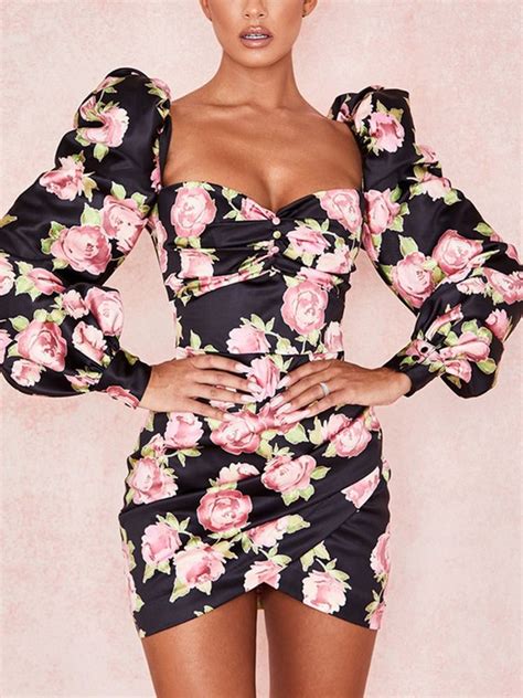 Puff Sleeve Buttons Printed Tight Floral Dress