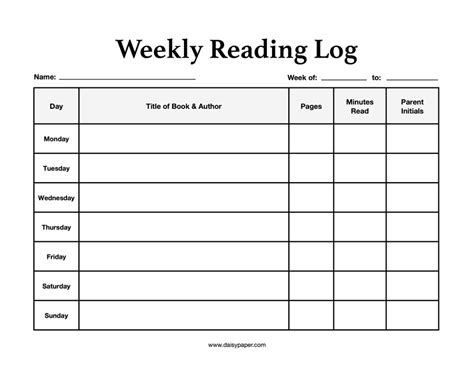 weekly reading log printable  printable templates