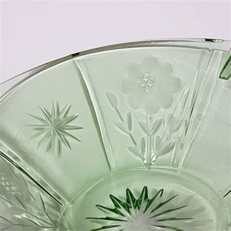 vintage green depression glass handled glass dish  floral etching