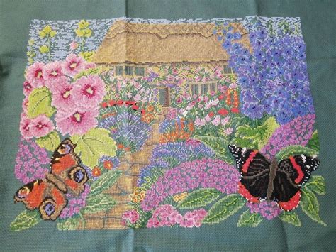 completed cross stitch english cottage butterflies floral wall art unframed unbrand