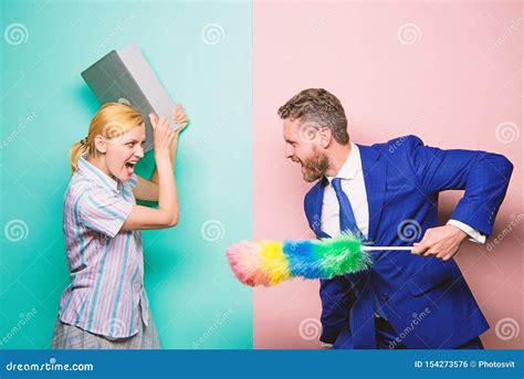 Woman Choose To Work Digital Technology Man Force Girl To Clean Up