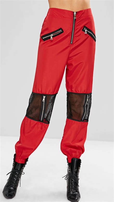 Stylish Red Zippered Mesh Panel Jogger Pants Women Pants For Women